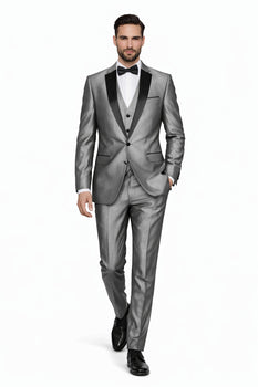 Mens Sharkskin Suits Mens Unique Bright Tuxedo Suits Vested 3 Pieces black lapel Shiny Flashy Sharskin Silver - Three Piece Suit