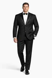 2 Button Solid Black Tuxedo With Black Trim No Pleated Pants Wool Suit