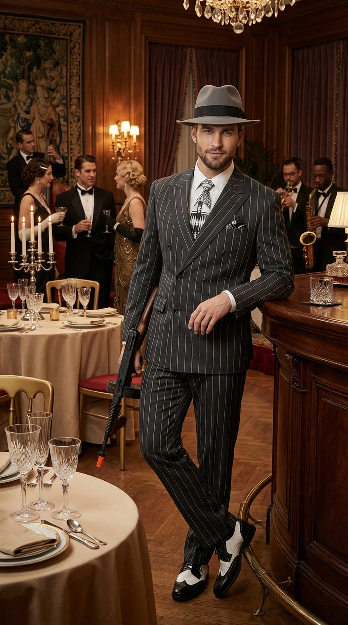 Mens Black Pinstripe AI Capone Suit – Vintage 1920s Gangster Style Two Piece Formal Suit