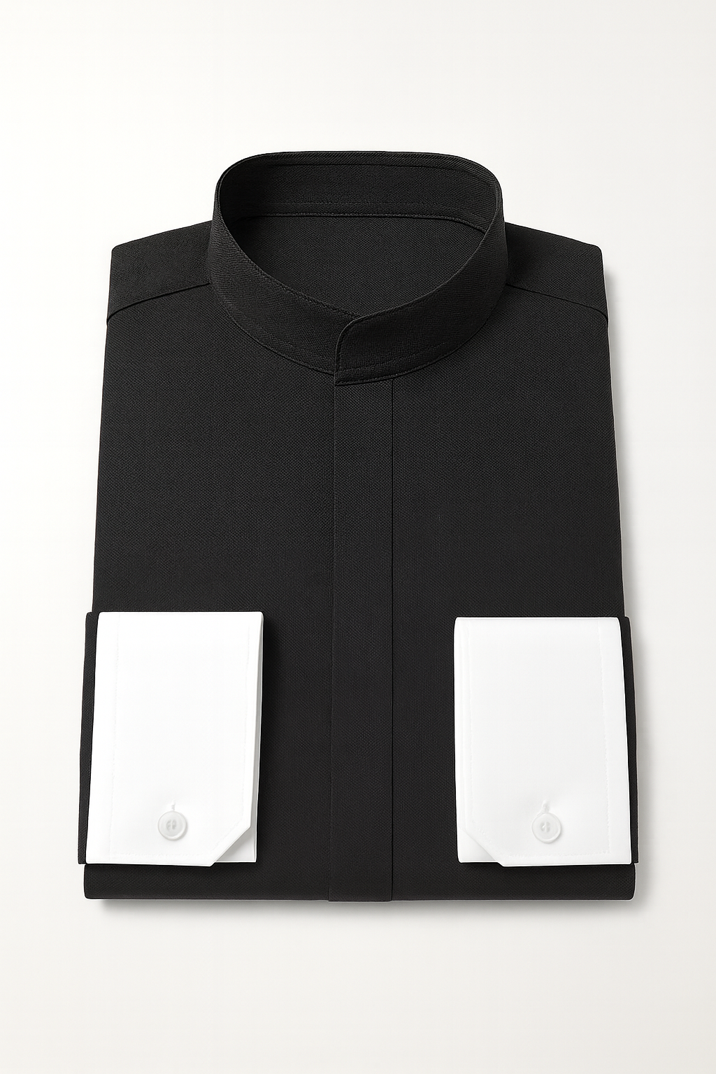 Men's Fashion Hidden Button French Cuff Mandarin Collarless Preacher Round Style Men's Dress Shirt Black / S