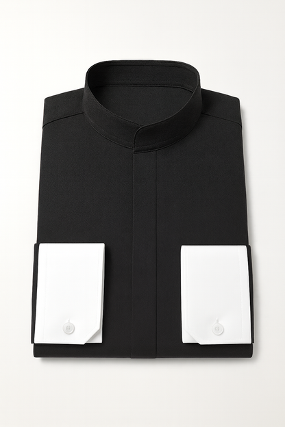 Men's Fashion Hidden Button French Cuff Mandarin Collarless Preacher Round Style Men's Dress Shirt Black / M