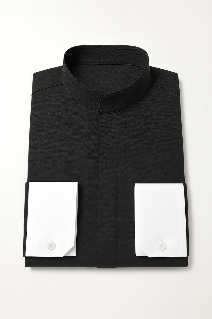 Men's Fashion Hidden Button French Cuff Mandarin Collarless Preacher Round Style Men's Dress Shirt