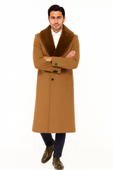 Mens Full Length and Cashmere Overcoat - Winter Topcoats - Light Brown Coat - Dark Camel - Vecuna Color