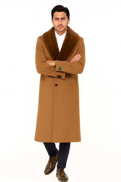Mens Full Length and Cashmere Overcoat - Winter Topcoats - Light Brown Coat - Dark Camel - Vecuna Color