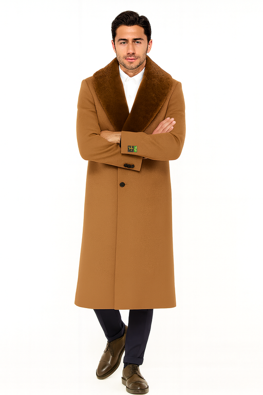 Mens Full Length and Cashmere Overcoat - Winter Topcoats - Light Brown Coat - Dark Camel - Vecuna Color