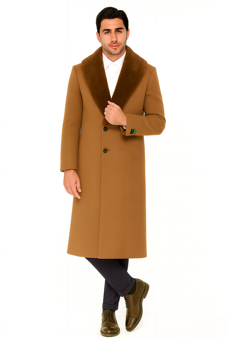 Mens Full Length and Cashmere Overcoat - Winter Topcoats - Light Brown Coat - Dark Camel - Vecuna Color