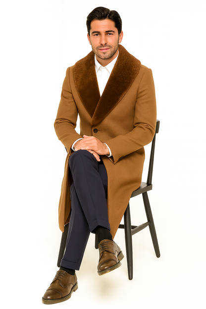 Mens Full Length and Cashmere Overcoat - Winter Topcoats - Light Brown Coat - Dark Camel - Vecuna Color - Image 5