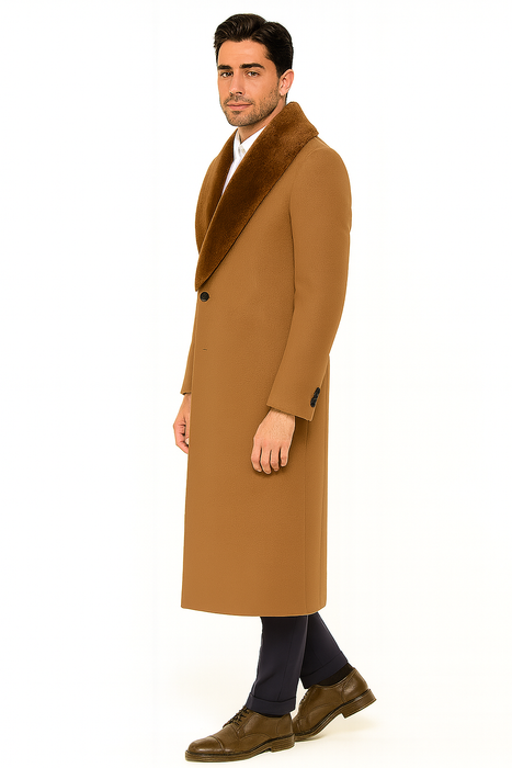 Mens Full Length and Cashmere Overcoat - Winter Topcoats - Light Brown Coat - Dark Camel - Vecuna Color