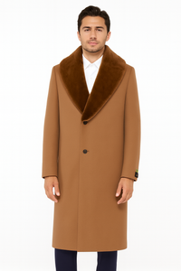 Mens Full Length and Cashmere Overcoat - Winter Topcoats - Light Brown Coat - Dark Camel - Vecuna Color