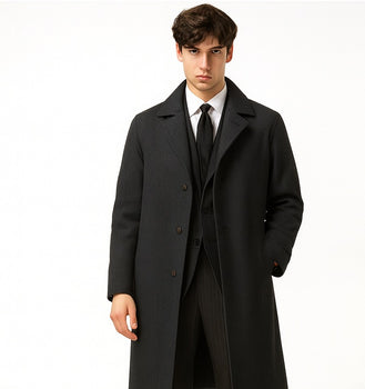 Men's Full Length Wool Overcoat Belted Charcoal Grey Belted Wool Overcoat