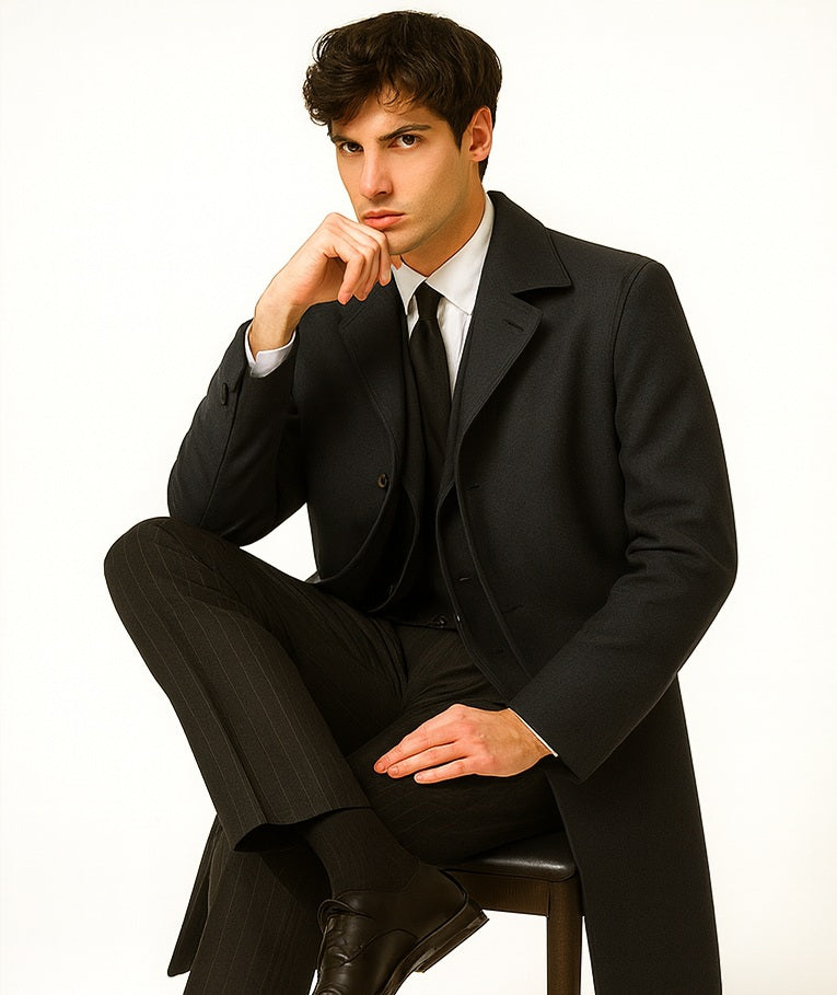 Men's Full Length Wool Overcoat Belted Charcoal Grey Belted Wool Overcoat - Image 4
