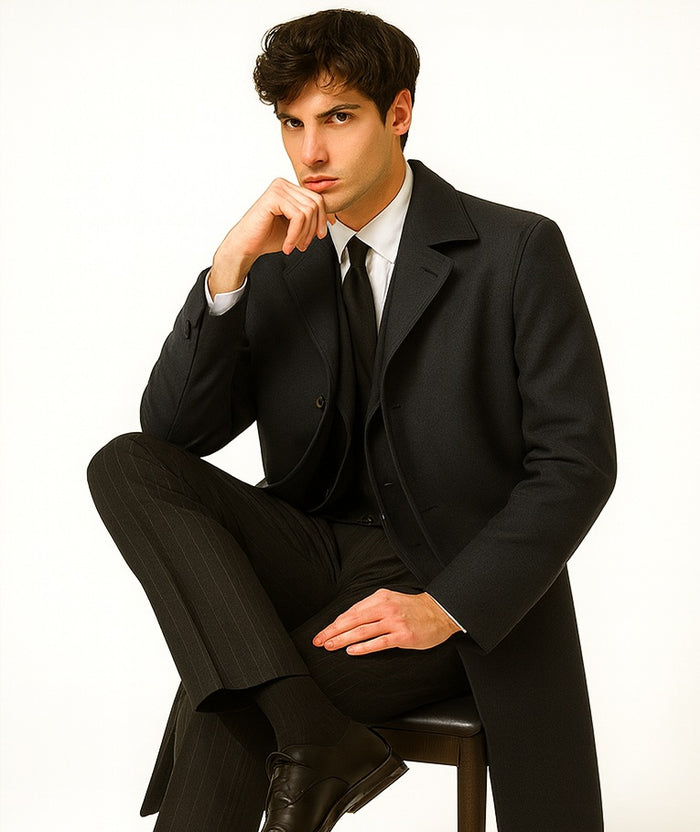 Men's Full Length Wool Overcoat Belted Charcoal Grey Belted Wool Overcoat - Image 4