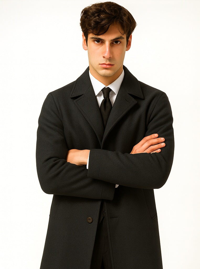 Men's Full Length Wool Overcoat Belted Charcoal Grey Belted Wool Overcoat - Image 7