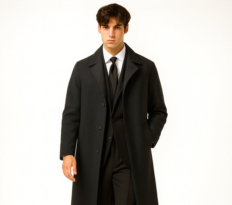 Men's Full Length Wool Overcoat Belted Charcoal Grey Belted Wool Overcoat - Image 5