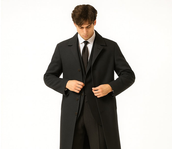 Men's Full Length Wool Overcoat Belted Charcoal Grey Belted Wool Overcoat - Image 8