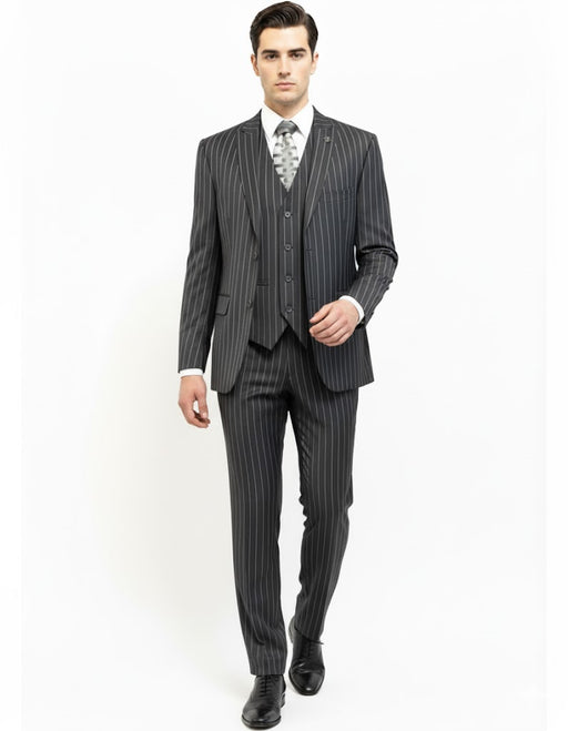 Mens Gangster Pinstripe 2 Button Double Breasted Vest Suit in Black Or Charcoal Grey