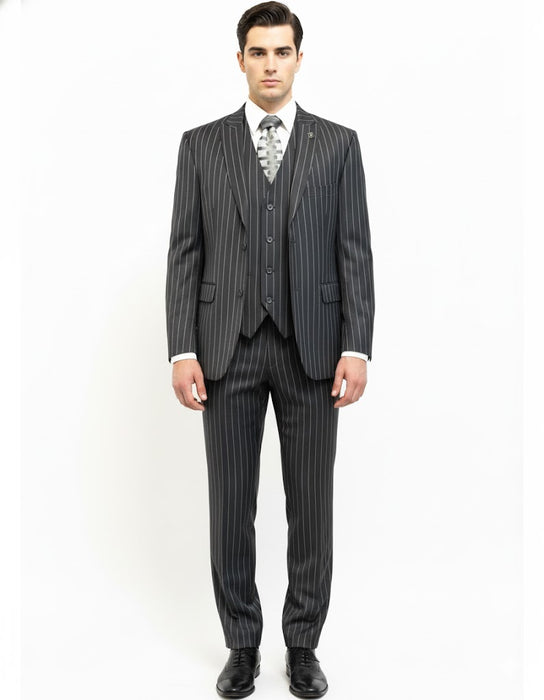 Mens Gangster Pinstripe 2 Button Double Breasted Vest Suit in Black Or Charcoal Grey