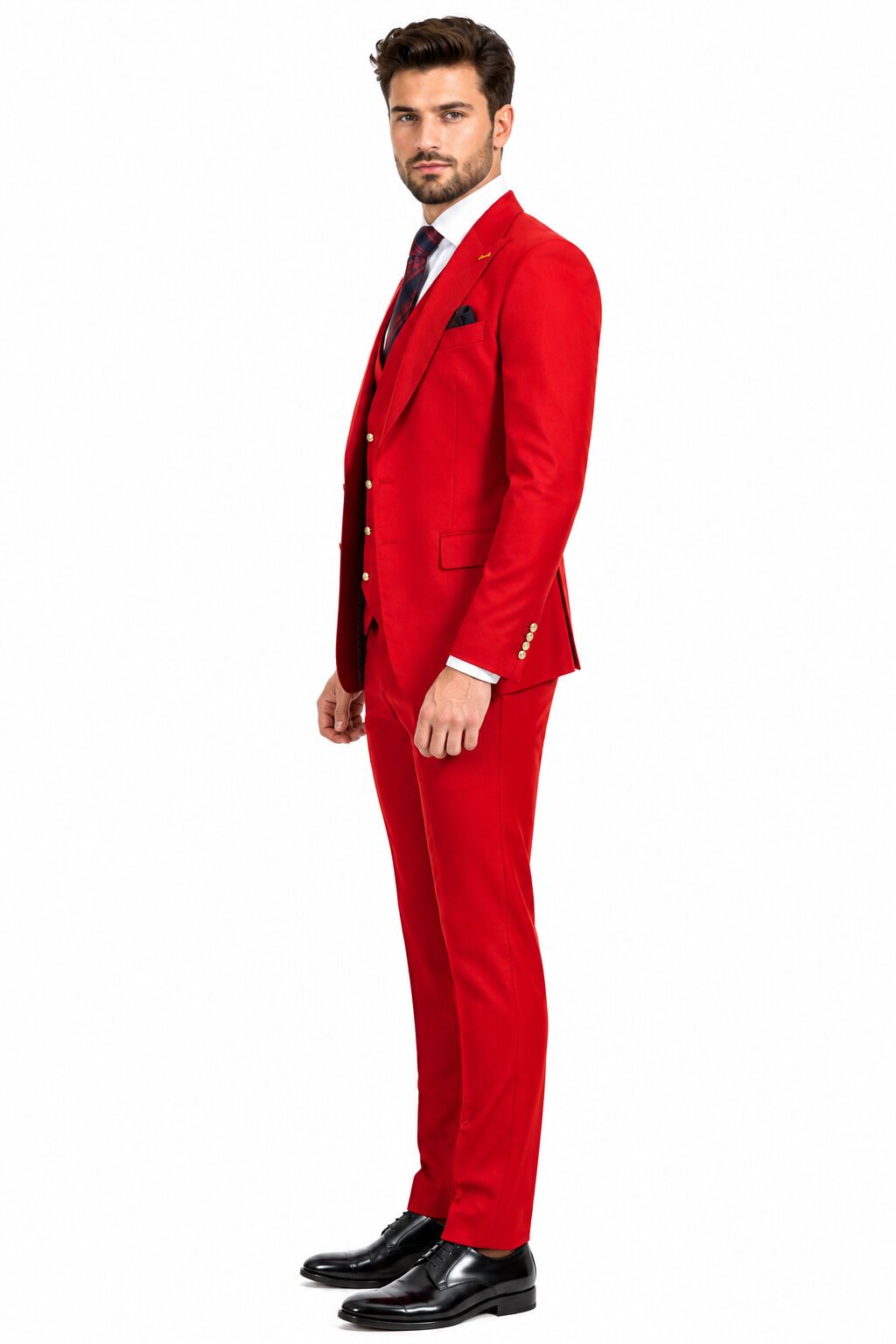 Men's Berry Statement Ticket Pocket Peak Lapel Wool Double Breasted Vest Suit with Gold Buttons – Modern Fit