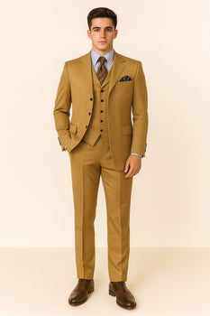 Mens 4 Buttons Semi Wide Leg Shiny Tonal Stripe Fashion Suits in Gold - Image 5