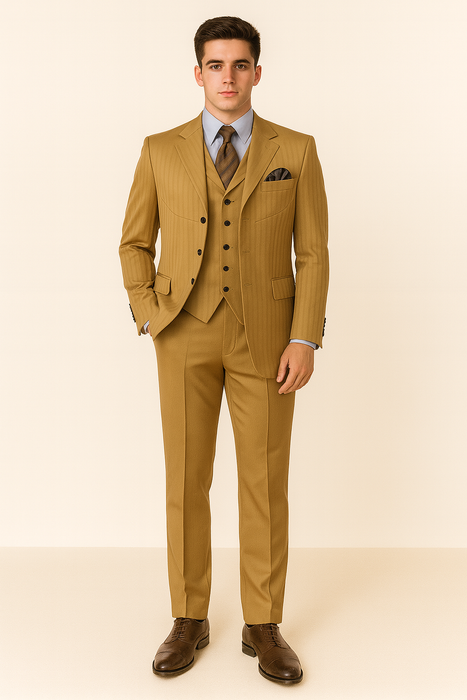 Mens 4 Buttons Semi Wide Leg Shiny Tonal Stripe Fashion Suits in Gold