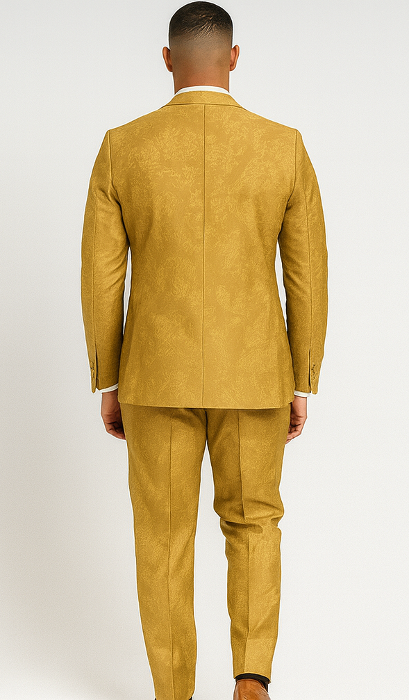 Men's Gold Floral Brocade Three-Piece Suit with Vest and Bow Tie - Image 3
