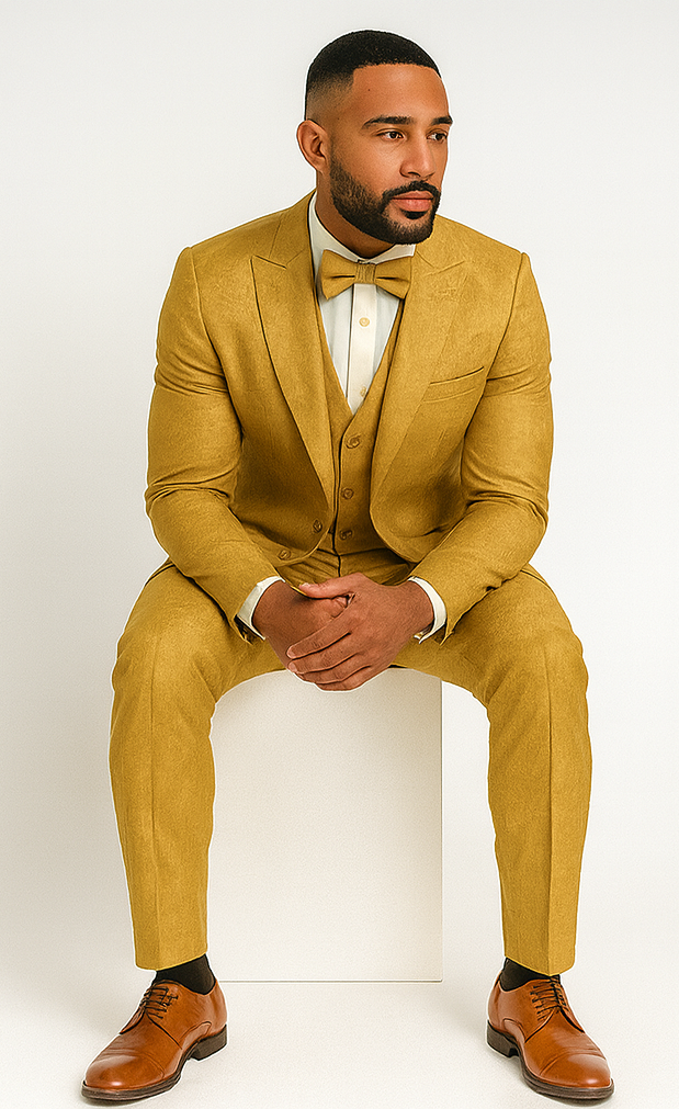 Men's Gold Floral Brocade Three-Piece Suit with Vest and Bow Tie - Image 4