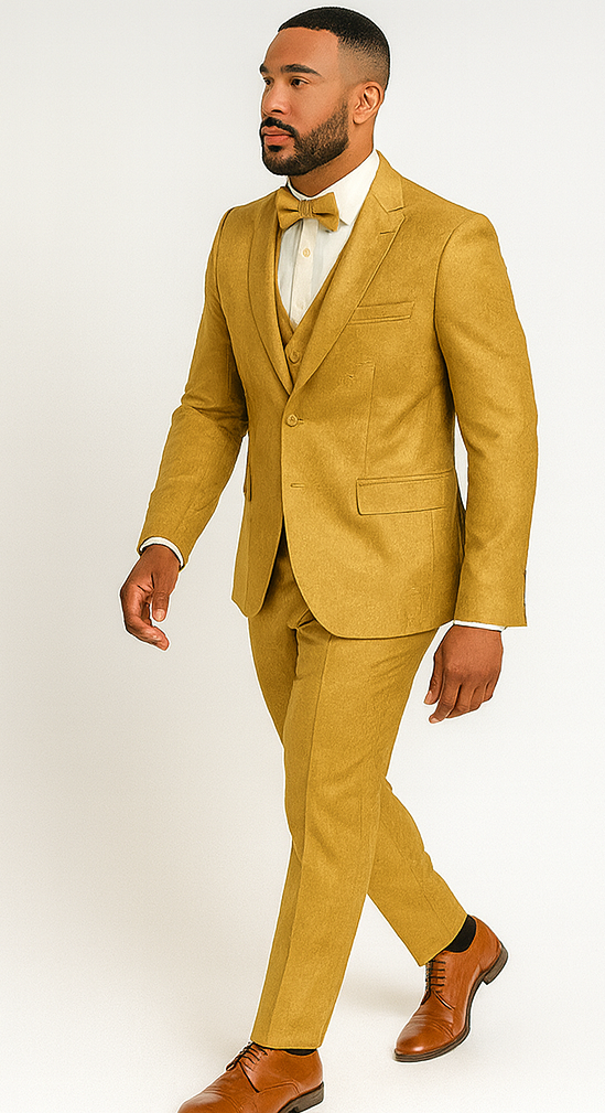 Men's Gold Floral Brocade Three-Piece Suit with Vest and Bow Tie - Image 5