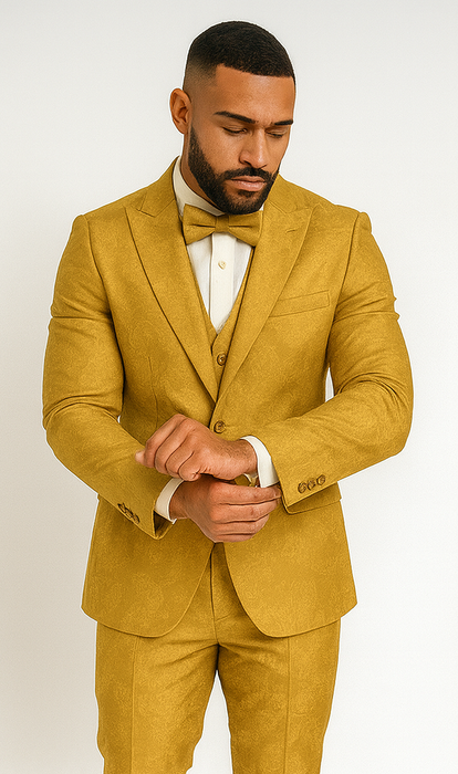 Men's Gold Floral Brocade Three-Piece Suit with Vest and Bow Tie