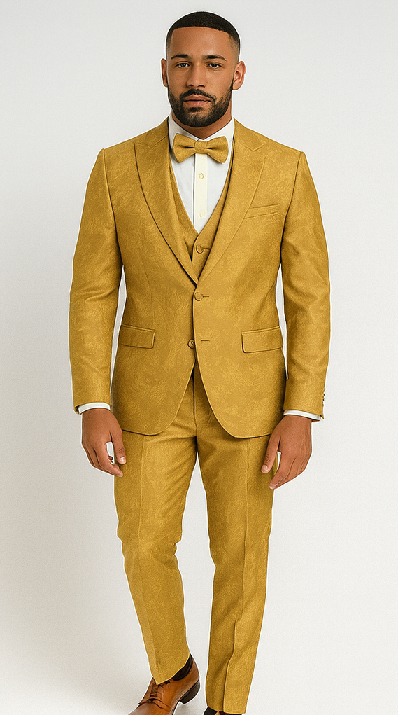 Men's Gold Floral Brocade Three-Piece Suit with Vest and Bow Tie - Image 8