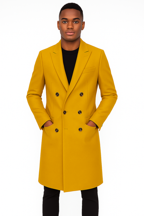 Men's Gold 44Inch Long Double Breasted Overcoat Winter Men's Topcoat Sale
