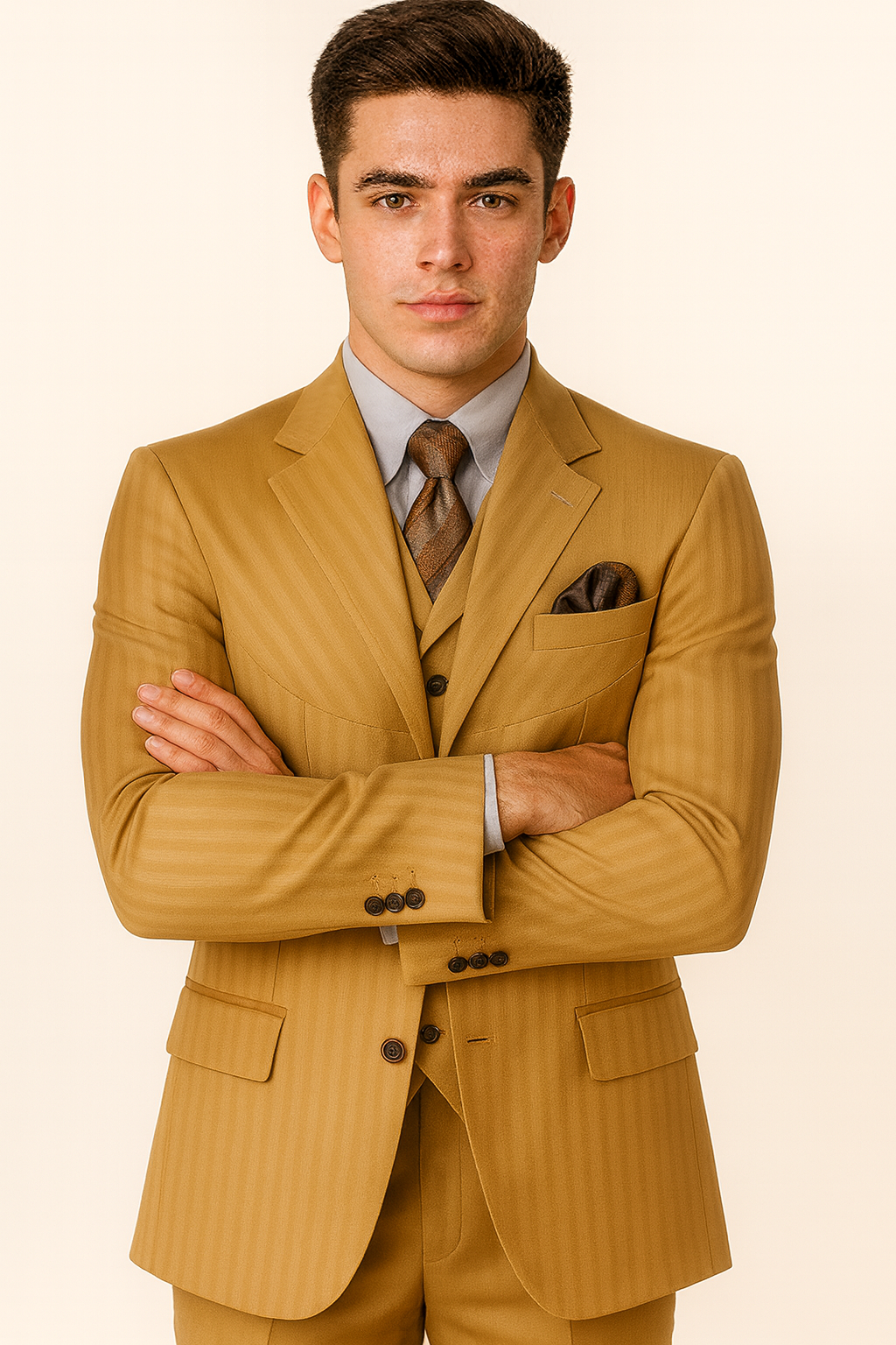 Mens 4 Buttons Semi Wide Leg Shiny Tonal Stripe Fashion Suits in Gold - Image 7