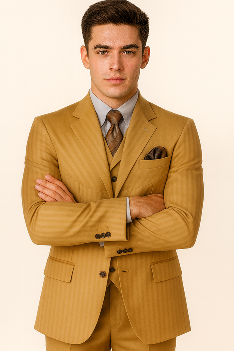 Mens 4 Buttons Semi Wide Leg Shiny Tonal Stripe Fashion Suits in Gold