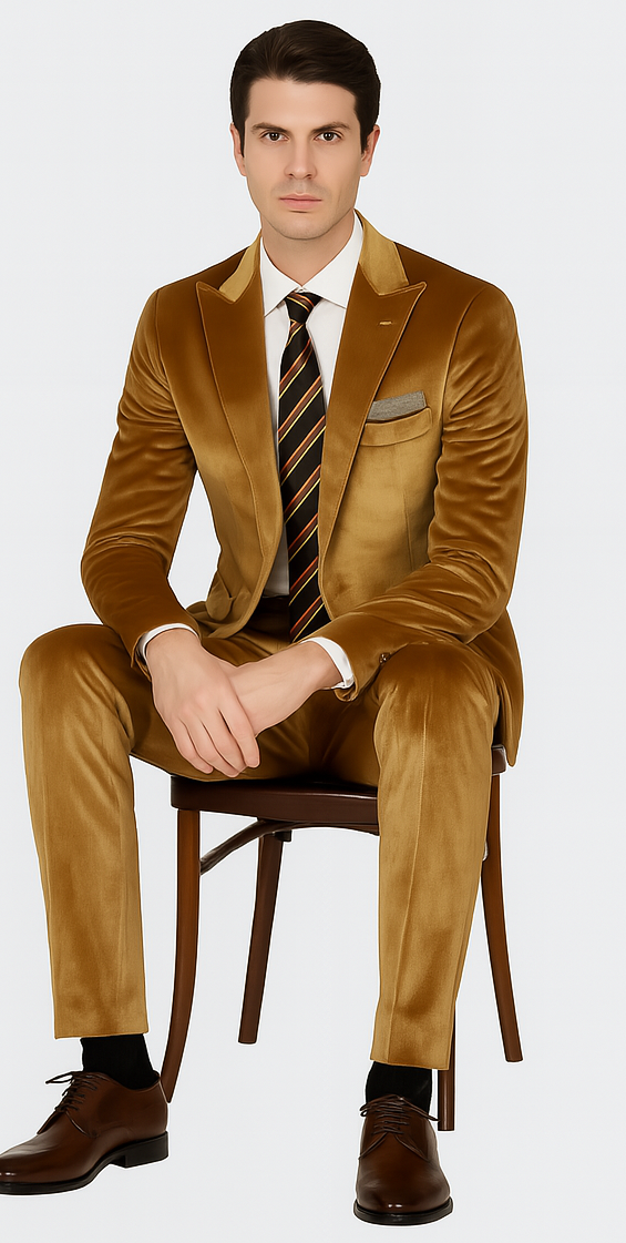 Gold Velvet Suit for Men – 2-Piece Skinny Fit Peak Lapel Formalwear by Tazzio - Image 4