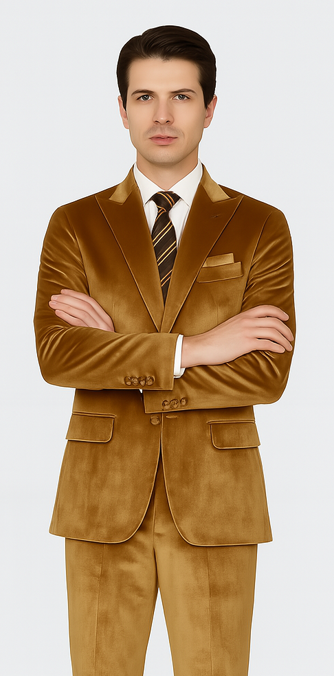 Gold Velvet Suit for Men – 2-Piece Skinny Fit Peak Lapel Formalwear by Tazzio - Image 5