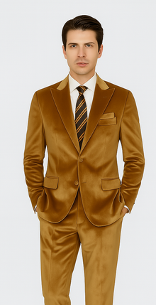 Gold Velvet Suit for Men – 2-Piece Skinny Fit Peak Lapel Formalwear by Tazzio