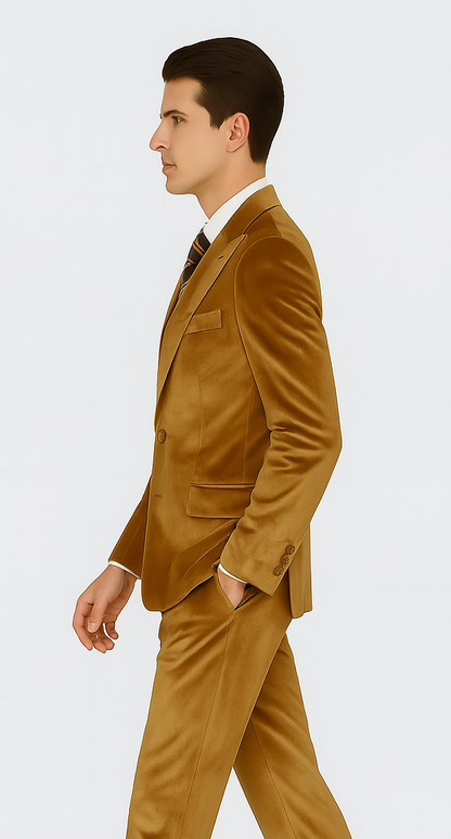Gold Velvet Suit for Men – 2-Piece Skinny Fit Peak Lapel Formalwear by Tazzio - Image 7