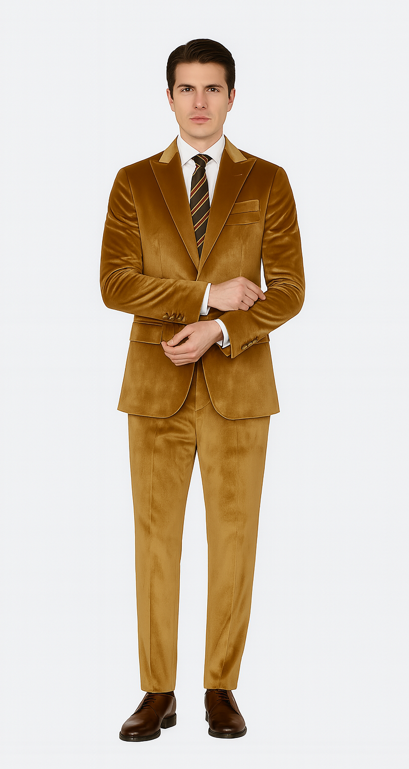 Gold Velvet Suit for Men – 2-Piece Skinny Fit Peak Lapel Formalwear by Tazzio - Image 8