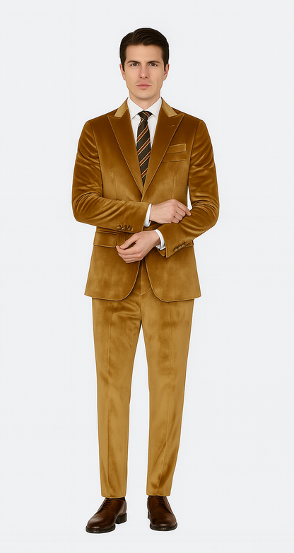 Gold Velvet Suit for Men – 2-Piece Skinny Fit Peak Lapel Formalwear by Tazzio - Image 8