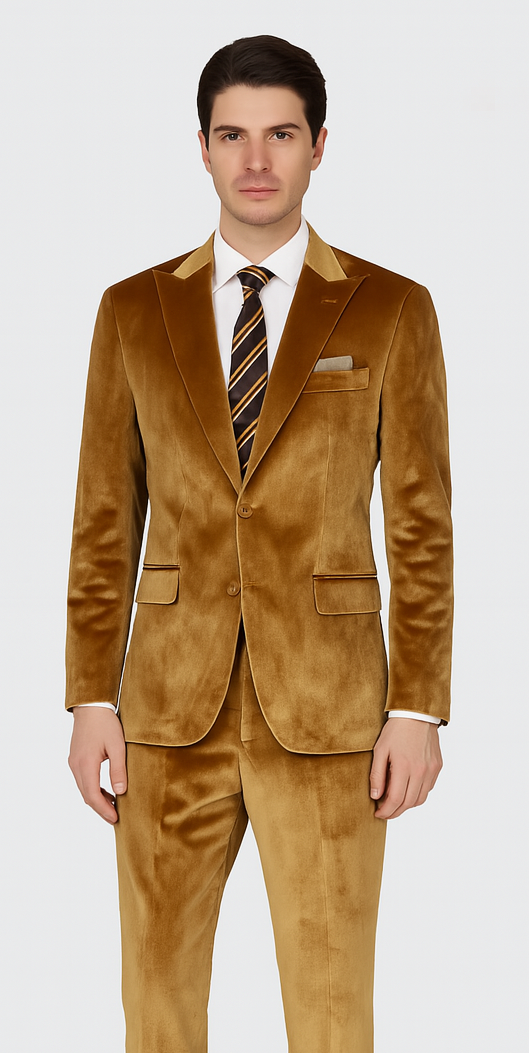 Gold Velvet Suit for Men – 2-Piece Skinny Fit Peak Lapel Formalwear by Tazzio - Image 2