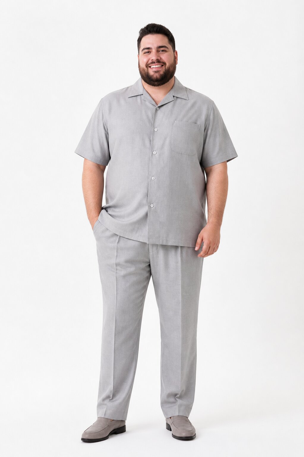 Men's Short Sleeve Linen Plain Gray Casual Casual Two Piece Mens Walking Outfit For Sale Pant Sets Suit With Pleated Pant - Mens Linen Suit