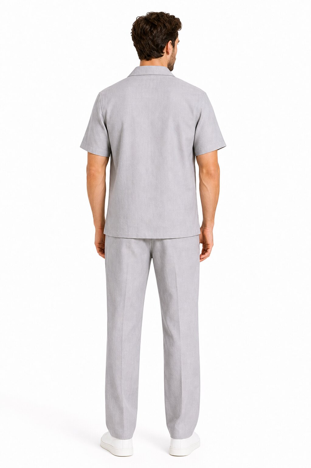 Men's Short Sleeve Linen Plain Gray Casual Casual Two Piece Mens Walking Outfit For Sale Pant Sets Suit With Pleated Pant - Mens Linen Suit