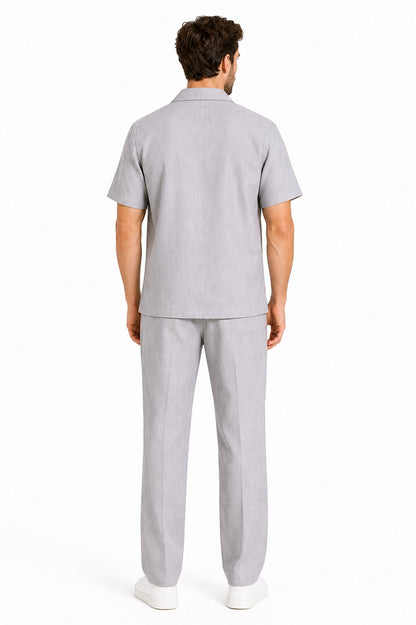 Men's Short Sleeve Linen Plain Gray Casual Casual Two Piece Mens Walking Outfit For Sale Pant Sets Suit With Pleated Pant - Mens Linen Suit
