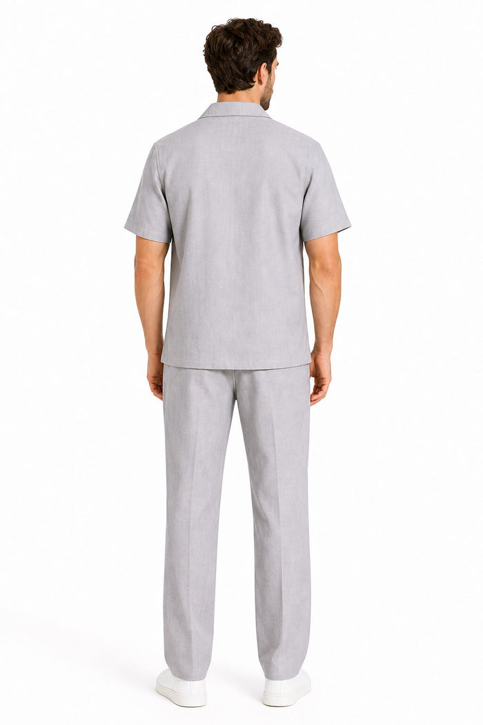 Men's Short Sleeve Linen Plain Gray Casual Casual Two Piece Mens Walking Outfit For Sale Pant Sets Suit With Pleated Pant - Mens Linen Suit