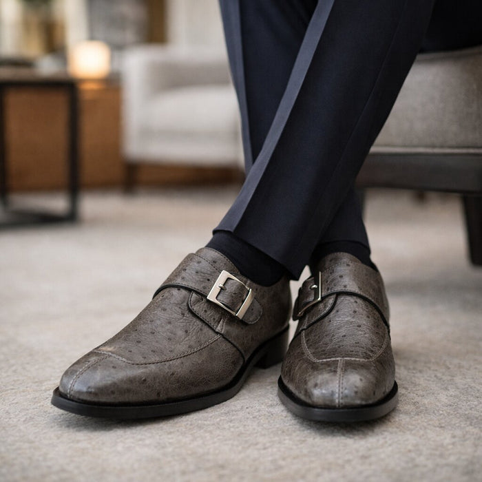Belvedere Men's Shoes Gray Ostrich Side Buckle Strap Josh 114011