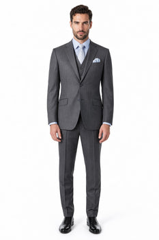 Men's Gray Pinstripe Three Piece Slim Fit Suits