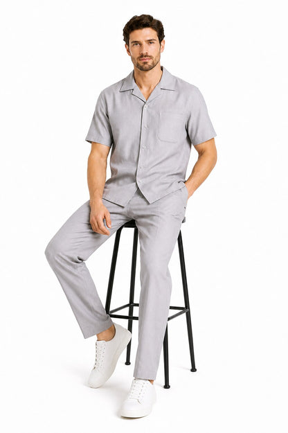 Men's Short Sleeve Linen Plain Gray Casual Casual Two Piece Mens Walking Outfit For Sale Pant Sets Suit With Pleated Pant - Mens Linen Suit