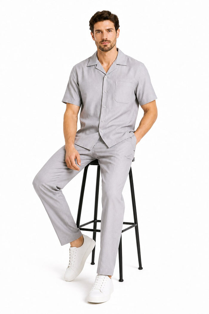 Men's Short Sleeve Linen Plain Gray Casual Casual Two Piece Mens Walking Outfit For Sale Pant Sets Suit With Pleated Pant - Mens Linen Suit
