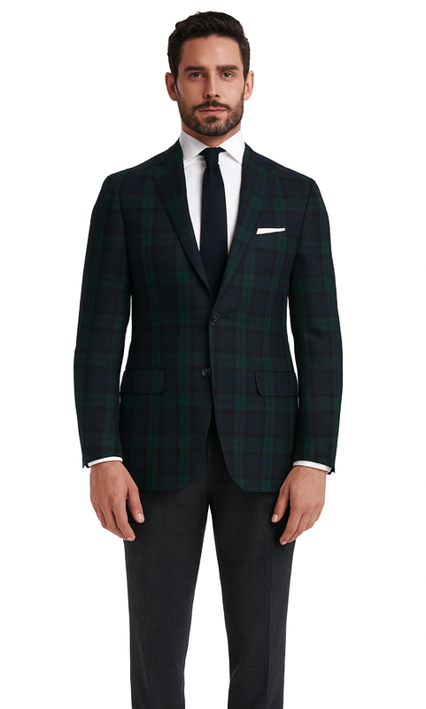 Men'S Green And Blue Tartan Plaid Window Pane Checkered Suit With Vest