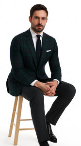 Men'S Green And Blue Tartan Plaid Window Pane Checkered Suit With Vest