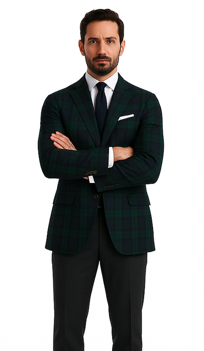 Men'S Green And Blue Tartan Plaid Window Pane Checkered Suit With Vest